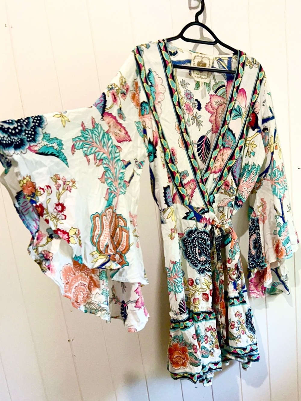 J&L  midi dress full wrap  floral oriental  bell sleeves Peblum hemline Size L
